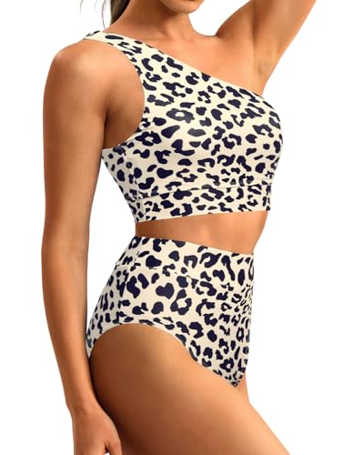 Image of Holipick Women One Shoulder High Waisted Bikini Sets Two Piece Swimsuit Tummy Control Bathing Suit Full Coverage Swimwear