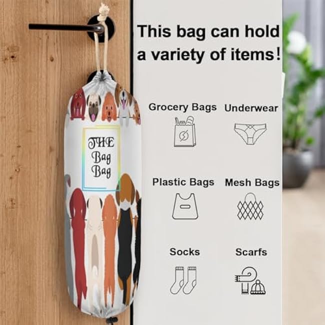 Cute Dog Puppy Plastic Bag Holder, Wall Mount Grocery Bag Holder Washable Plastic Bag Dispenser Garbage Bag Organizer Shopping Bags Carrier for Home Kitchen Decor, Gifts for Women Mom Family Friends