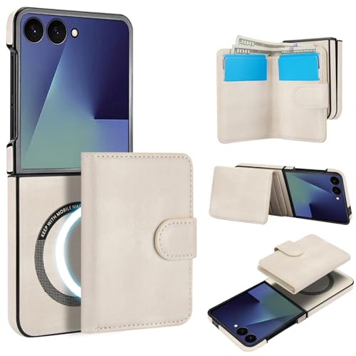 for Samsung Galaxy Z Flip 7 Case with 2 in 1 Detachable Magnetic Wallet, 4 Card Slots and Cash Slot,Compatible with MagSafe Wireless Charging, RFlD Blocking - White White Galaxy Z Flip 7