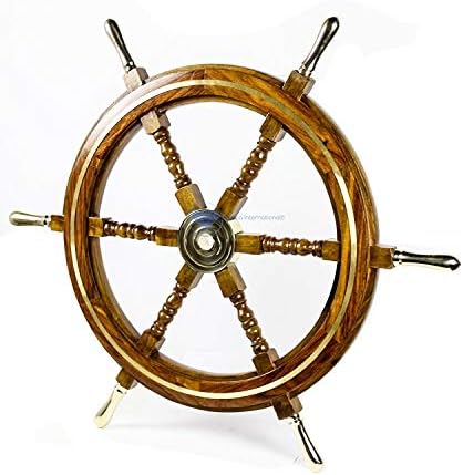 Nautical Premium Sailor's Hand Crafted Brass & Wooden Ship Wheel | Luxury Gift Decor | Boat Collectibles | Nagina International (30 Inches, Brass Ring & Handles)