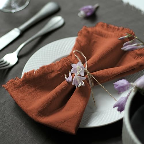 Ayuzawa Handmade Cloth Napkins 100% Cotton Napkins with Fringe，Delicate Handmade Cloth Napkins for Dinners, Parties, Weddings and More，18 x 18 Inch Set of 6 - Terracotta