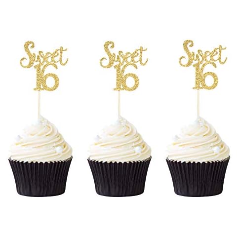 Pack of 24 Sweet 16 Cupcake Toppers Gold Glitter 16th Birthday Cupcake Picks Anniversary Party Decors Cover