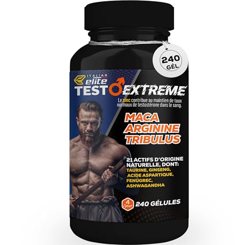 Italian Elite Testo Extreme Elite 240 caps Booster Stimulant Énergie 21 ingrédients Maca, Tribulus, Fenugrec, Zinc, Arginine, Taurine, Ashwagandha, Vitamines et Minéraux.