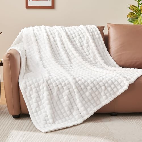 Image of BEDELITE 3D Checked White Fleece Throw Blanket for Couch, 50x60 Inches