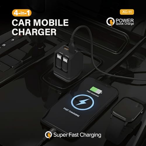 Image of Stellar Drive XC-11 4-in-1 Car Charger 90W, Built-in Retractable USB-C Cables, USB-C PD 30W + QC 3.0, Super Fast Charging, Compact Car Phone Charger iPhone Android Tablet GPS - Matte Black