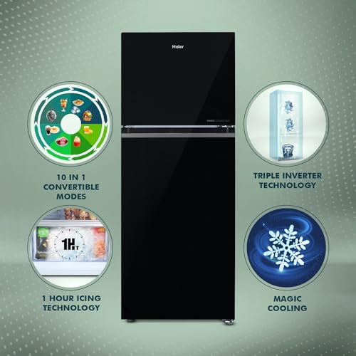 Image of Haier 328 L, 3 Star, Convertible 10-in-1, Triple Inverter & Dual Fan Motor Technology, Frost Free Double Door Refrigerator (HEF-333BG-P, Black Glass)