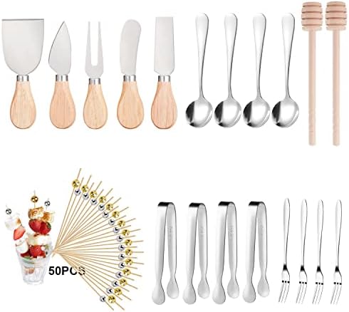 Samilcsp Cheese Knife Set for Charcuterie Board Accessories, Stainless Steel Spreader Knife Set with Serving Tongs, Spoons, Forks, Honey Dippers, Bamboo Picks for Cheese Board