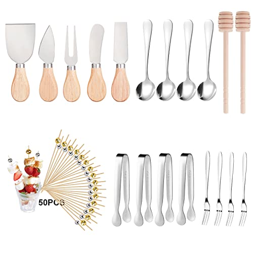 Samilcsp Cheese Knife Set For Charcuterie Board Accessories, Stainless Steel Spreader Knife Set With Serving Tongs, Spoons, Forks, Honey Dippers, Bamboo Picks For Cheese Board #TOP17