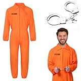 CEWROM Sträfling Kostüm für Damen oder Herren, Classic Orange Prisoner Overall, Gefangener Kostüm Set mit Handschellen, Geflüchteter Gefangener Kostüm Overall Gefangenenkostüm für Karneval (XL)