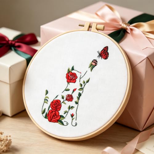 Image of Flowers Cat Embroidery Kits for Beginners Adults, Cute Hand Embroidery Starters Kits, Floral Stamped Cross Stitch Kits Needlepoint Kits for Beginners Adults, Embroidery Hoop, Thread and Video Tutorial