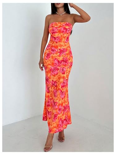 Image of GORGLITTER Women's Floral Dress Strapless Tube Open Back Bodycon Boho Summer Wedding Guest Vacation Beach Maxi Dresses