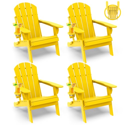 GREENVINES Folding-Adirondack-Chairs-Set-of-4 | HDPE Plastic | Fire Pit Chair | All Weather | Cup Holder | Yellow | for Deck Backyard Patio Outdoor Ga