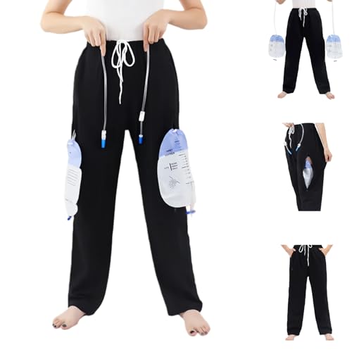 Image of Catheter Pants for Men Women, Incontinence Urine Leg Bag Holder Pants with Dual Inner Pockets for Elderly, Nephrostomy, Cystostomy, Biliary Drainage(Black,2XL)
