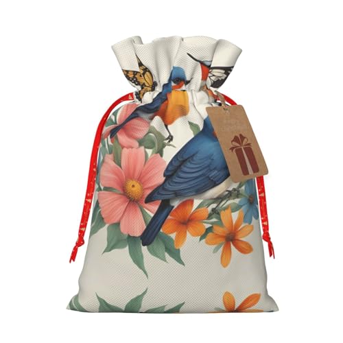 1 sacchetto regalo natalizio con coulisse, motivo uccelli, fiori e farfalle, 21 x 30 cm, per regalare regali alle feste di festa