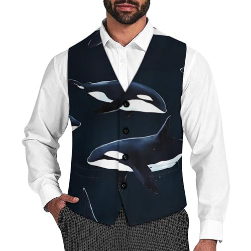 Orca Killer Whale Formal Suit Vest for Men with Pockets for Business Casual Dress Tuxedo Slim Fit