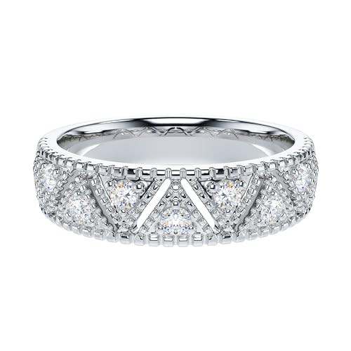 THELANDA Genuine Moissanite or Simulated Diamond Unisex 5.5mm Wide Vintage Milgrain Triangles Wedding Band Fashion Ring