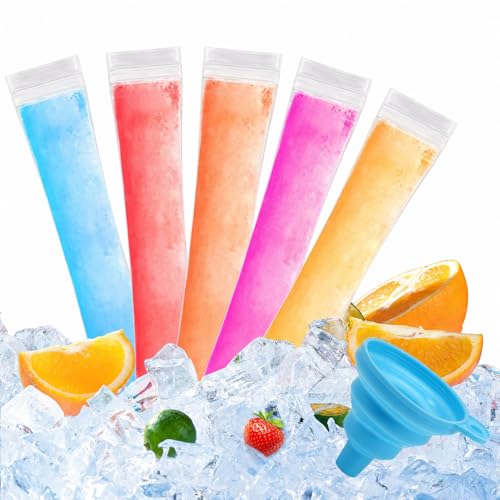 Wassereis Tüten zum Befüllen Wassereistüten mit Faltbar Trichter Popsicle Taschen Wassereis Beutel BPA-frei Eistüten zum Befüllen für DIY Eis Selber Machen mit Saft Joghurt & Smoothies (100 A)