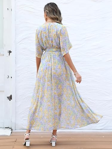 Image of ANRABESS Womens 1 /2 Sleeve Beach Wedding Guest Maxi Dresses 2026 Summer Wrap V Neck Boho Floral Flowy Slit Long Dresses