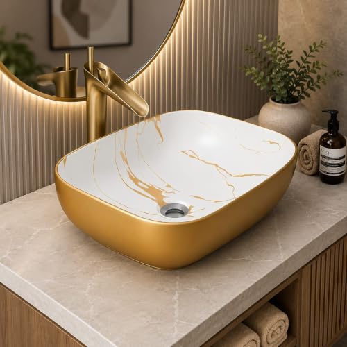 Image of Premium Designer Table Top Ceramic Wash Basin with Slim Rim, Modern Vessel Sink for Bathroom Vanity, Glossy White Countertop Basin, 18 x 13 x 5.5 Inch