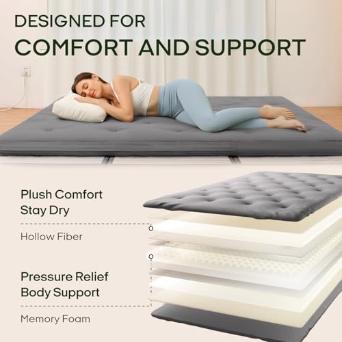 ZonLi Japanese Floor Futon Mattress Full Size 75\"x 54\", 100% Cotton Cover 2.5\'\' Thicken Tatami Mattress, Foldable Sleeping Pad, Portable Dormitory Tatami Mat (Grey) - Thumbnail 3