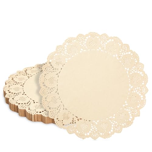Juvale Papierdeckchen (Set, 250 Stück) - Einweg-Spitzendeckchen für Torten, Kuchen, Quiche oder als Untersetzer - Ideal für Hochzeiten, Formelle Events - Recyclebar - Braun - 30,5 cm