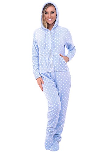 Alexander Del Rossa Women's Warm Fleece One Piece Footed Pajamas, Adult Onesie with Hood, Small Blue with White Polka Dots (A0322R48SM)