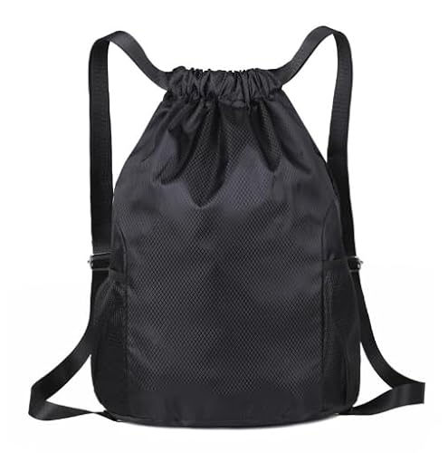 Drawstring Bag, Unisex Large Sports Backpack String Drawstring PE Bags, Sport Gym Sack have Two Side Pockets, Travel Beach Swim School Bag with Waterproof (Black)