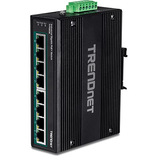 TRENDnet 8-Port Hardened Industrial Unmanaged Gigabit 10/100/1000Mbps DIN-Rail Switch w/ 8 x Gigabit PoE+ Ports, TI-PG80B, 24 Γ’β¬β 56V DC Power inputs with Overload Protection TRENDnet 8-Port Hardened Industrial Unmanaged Gigabit 10/100/1000Mbps DIN-Rail Switch w/ 8 x Gigabit PoE+ Ports, TI-PG80B, 24 Γ’β¬β 56V DC Power inputs with Overload Protection