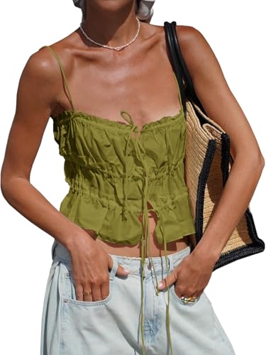 Image of Tankaneo Womens Summer Tie Front Crop Tops Cute Ruffle Ruched Spaghetti Strap Tank Tops Y2K Going Out Shirts