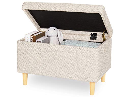 Puff Baul Taburete Almacenaje Tapizado en Lino Banco Zapatero Bancos Recibidor Banqueta Bajo en Tela Patas de Madera para Dormitorio Vestuario Habitacion Entrada Beige