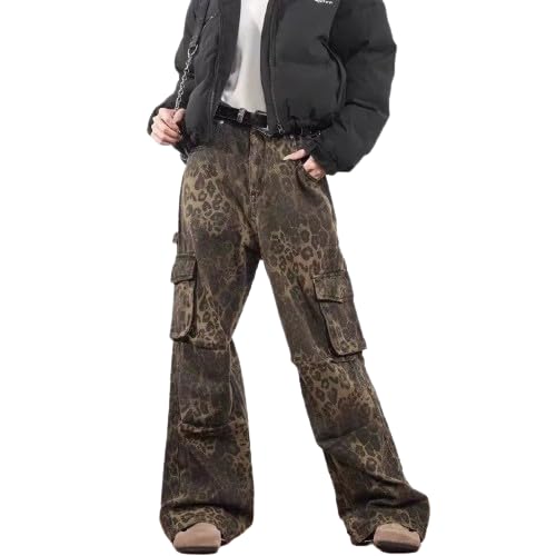 OCUH Y2K Leopard Print Pants Multi-Pocket Jeans Casual Loose Beggy Vintage Denim Pants Leopard Print Jeans