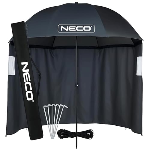 NECO Anglerschirm 220 cm mit seitlichem Schutz 3/4 Unterstand wasserdicht klappbare Stange Fenster Heringe und Transporttasche Schirm für Angler