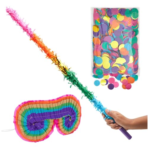 Pinata Stick and Blindfold Set Including 76 cm Rainbow Pinata Bat, Blindfold, Round Confetti