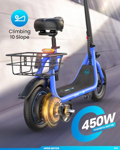 Gyroor Electric Scooter with Seat, 450W Powerful Motor up to 20 Miles Range, Foldable Scooter for Adult Max Speed 15.5Mph, Commuter Electric Scooter with Basket