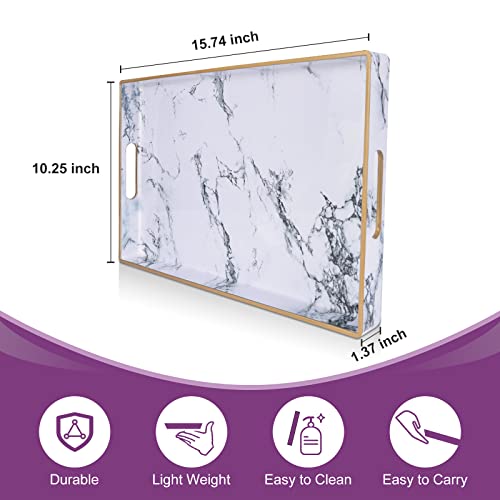 Gifturbo White Serving Tray, Marble Serving Trays With Handles,Rectangular Coffee Table Ottoman Tray Decorative Plastic Tray With Gold Rim For Living Room thumb #1