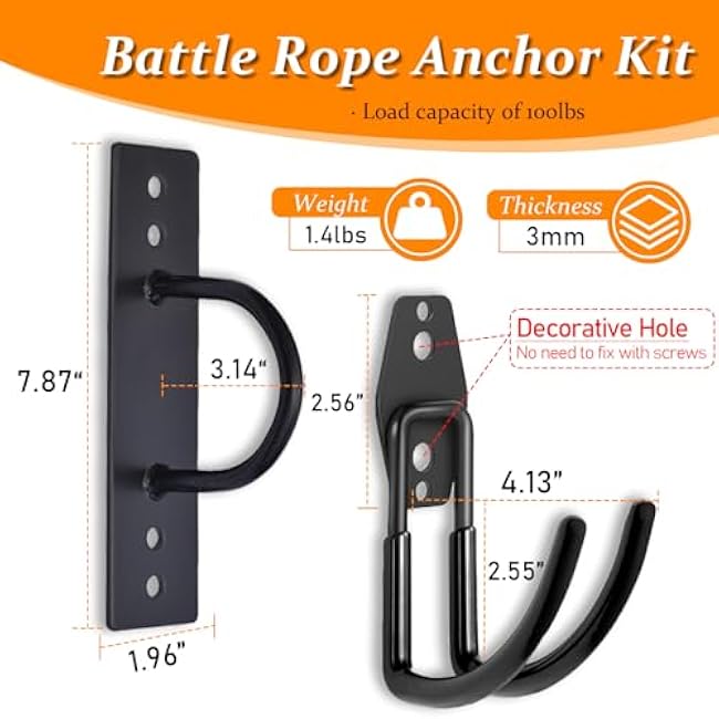 Battle Rope Anchor Kit Wall Mount, Set With Workout Wall Anchor And Rope Hook For 30-50 Feet, 1-2.5 Battle Ropes For Home Gym, Battle Rope Wall Mount Holder, Heavy Duty Gym Storage Rack