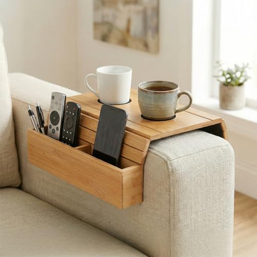 Bandeja de sofá de bambú natural mesa auxiliar plegable elegante con posavasos 8