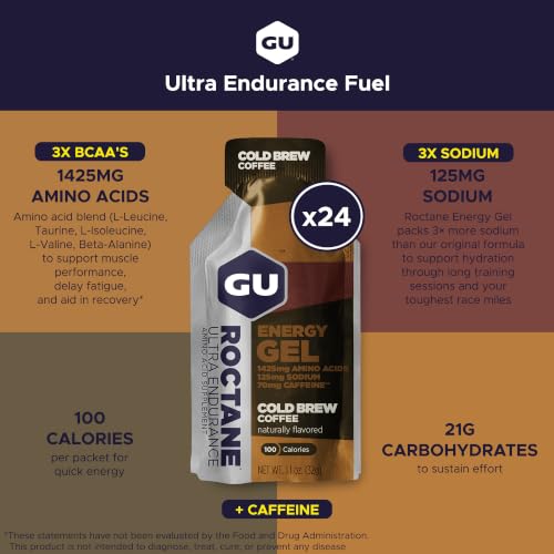 Image of GU Energy Roctane Ultra Endurance Energy Gel, Vegan, Gluten-Free, Kosher, and Dairy-Free On-The-Go Sports Nutrition for Running, Biking, Hiking or Skiing, Cold Brew 2X Caffeine (24 Packets)