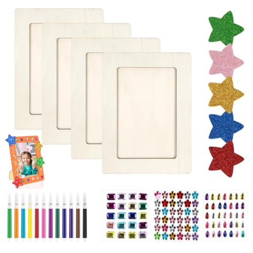 Bricolage Cadres Photos pour Enfant, kit de cadres photo en bois avec strass, autocollants en caoutchouc mousse et pinceaux 12 couleurs