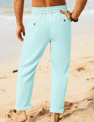 Image of iWoo Linen Pants Men Casual 2025 Summer Beach Elastic Drawstring Waist Yoga Pants Travel Baggy Work Pant Pajama