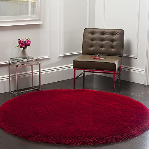 Image of Premium Round Shaggy Carpet Plain Fur Rugs Under Chair 4x4 Feet Microfiber & Polyster Modern Interior Floor Mat Red