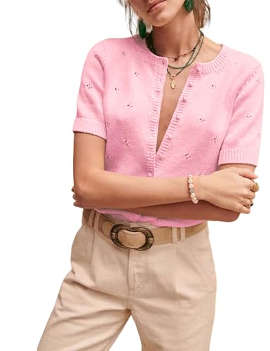 Image of Womens Cardigan Short Sleeve Lightweight Cropped Sweaters 2025 Summer Button Up Shirts Crew Neck Crochet Knit Top