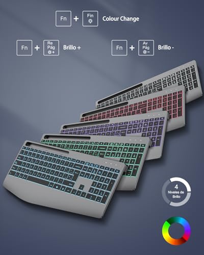Miniatura 5 de Tecurs Teclado Inalámbrico Ergonómico Con Reposamuñecas, 2.4g Teclado Silencioso Recargable, Retroiluminación, Teclado Español Qwerty Para Windows 11 10 8 7 Vista Xp