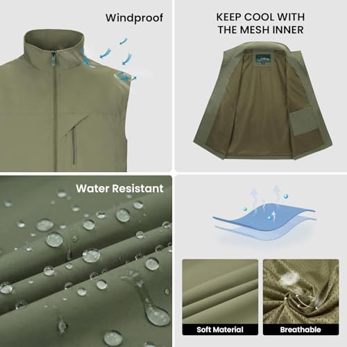Image of Mens Vests Outerwear Windproof Lightweight Softshell Sleeveless Jacket | Breathable Zip Up Multi-Pockets Quick Dry Sports Vest for Golf Hiking Fishing Running