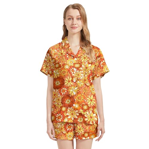 Image of Silk Satin Pajama Set for Women Summer Lounge Pjs Sets 2 Piece Suit Ladies Button Down Tops And Shorts Sleepwear