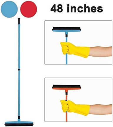 MorNon 48 Inch Long Handle Rubber Broom for Pet Dog Cat Hair Tile Window Cleaning Broom Squeegee Window Rubber Mane Sweeping Squeegee Blue