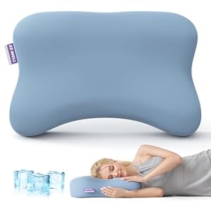 Cooling Side Sleeper Pillow- Ergonomic Curved Soft Memory Foam Pillows – Patented Cervical Neck Pillow for Sleeping with Machine Washable Cover (Blue)