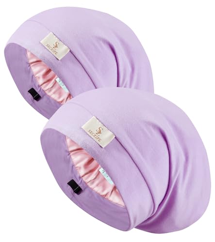 SECZIPE 2 Pcs Silk Satin Sleep Bonnet Hair Wrap, Shower Cap Men Women, Lavender