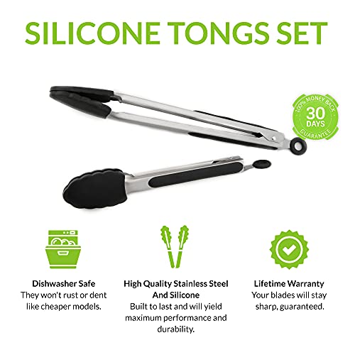 Spring Chef - Kitchen Tongs With Silicone Heat Resistant Non-Stick Tips, Tongs For Cooking Steak And Pasta, 2-Piece Set, 9 And 12 Inches #TOP1