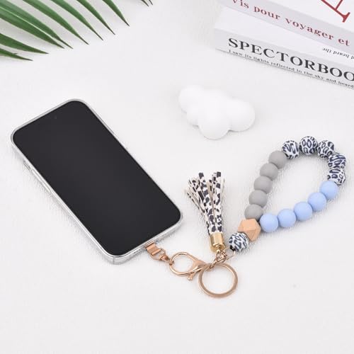 Image of BAOSIWA Silicone Key Ring Bracelet Wristlet Keychain Unique Beaded Bangle Key Chains for Women with Leather Tassel